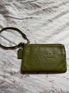 Vintage Olive Green Leather Wristlet with Embossed Carriage